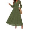 imagePRETTYGARDEN Womens Long Sleeve Maxi Dress V Neck Hollow Out Eyelet A Line Long Flowy 2025 Fall Wedding Guest DressesArmy Green