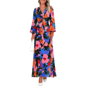 imagePRETTYGARDEN Womens 2025 Fall Wedding Guest Dresses Floral Long Sleeve V Neck Belted Long Flowy Boho Maxi DressFloral Black