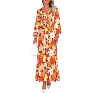 imagePRETTYGARDEN Womens 2025 Fall Wedding Guest Dresses Floral Long Sleeve V Neck Belted Long Flowy Boho Maxi DressFloral Orange