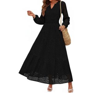 imagePRETTYGARDEN Womens Long Sleeve Maxi Dress V Neck Hollow Out Eyelet A Line Long Flowy 2025 Fall Wedding Guest DressesBlack