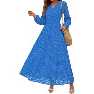 imagePRETTYGARDEN Womens Long Sleeve Maxi Dress V Neck Hollow Out Eyelet A Line Long Flowy 2025 Fall Wedding Guest DressesBlue