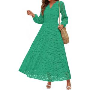 imagePRETTYGARDEN Womens Long Sleeve Maxi Dress V Neck Hollow Out Eyelet A Line Long Flowy 2025 Fall Wedding Guest DressesGreen
