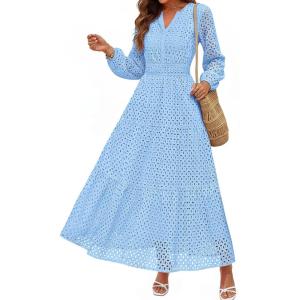 imagePRETTYGARDEN Womens Long Sleeve Maxi Dress V Neck Hollow Out Eyelet A Line Long Flowy 2025 Fall Wedding Guest DressesLight Blue