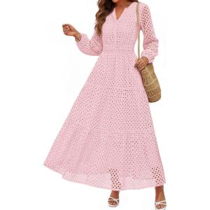 imagePRETTYGARDEN Womens Long Sleeve Maxi Dress V Neck Hollow Out Eyelet A Line Long Flowy 2025 Fall Wedding Guest DressesPink