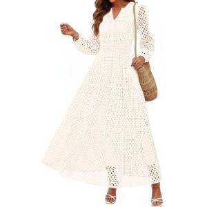 imagePRETTYGARDEN Womens Long Sleeve Maxi Dress V Neck Hollow Out Eyelet A Line Long Flowy 2025 Fall Wedding Guest DressesWhite