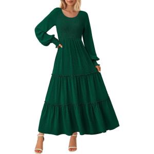 imagePRETTYGARDEN Womens Smocked Maxi Dress 2025 Fall Casual Long Sleeve Swiss Dot Ruffle Long Flowy Wedding Guest DressesDark Green