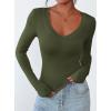 imagePRETTYGARDEN Long Sleeve Shirts for Women 2025 Fall Fashion V Neck Going Out Tops Slim Fit Basic Tees Y2K ClothesArmy Green