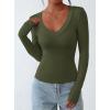 imagePRETTYGARDEN Long Sleeve Shirts for Women 2025 Fall Fashion V Neck Going Out Tops Slim Fit Basic Tees Y2K ClothesArmy Green