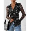 imagePRETTYGARDEN Women Button Down Floral Shirts 2025 Fall Trendy Long Sleeve V Neck Ruched Mesh Boho Blouse Tops Date Outfits01 Dot Black White