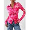 imagePRETTYGARDEN Women Button Down Floral Shirts 2025 Fall Trendy Long Sleeve V Neck Ruched Mesh Boho Blouse Tops Date OutfitsFloral Pink