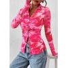 imagePRETTYGARDEN Women Button Down Floral Shirts 2025 Fall Trendy Long Sleeve V Neck Ruched Mesh Boho Blouse Tops Date OutfitsFloral Pink