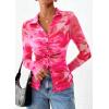 imagePRETTYGARDEN Women Button Down Floral Shirts 2025 Fall Trendy Long Sleeve V Neck Ruched Mesh Boho Blouse Tops Date OutfitsFloral Pink