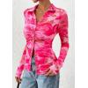 imagePRETTYGARDEN Women Button Down Floral Shirts 2025 Fall Trendy Long Sleeve V Neck Ruched Mesh Boho Blouse Tops Date OutfitsFloral Pink