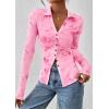 imagePRETTYGARDEN Women Button Down Floral Shirts 2025 Fall Trendy Long Sleeve V Neck Ruched Mesh Boho Blouse Tops Date OutfitsPink