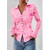 imagePRETTYGARDEN Women Button Down Floral Shirts 2025 Fall Trendy Long Sleeve V Neck Ruched Mesh Boho Blouse Tops Date OutfitsPink