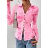 imagePRETTYGARDEN Women Button Down Floral Shirts 2025 Fall Trendy Long Sleeve V Neck Ruched Mesh Boho Blouse Tops Date OutfitsPink