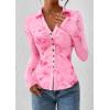 imagePRETTYGARDEN Women Button Down Floral Shirts 2025 Fall Trendy Long Sleeve V Neck Ruched Mesh Boho Blouse Tops Date OutfitsPink