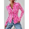 imagePRETTYGARDEN Women Button Down Floral Shirts 2025 Fall Trendy Long Sleeve V Neck Ruched Mesh Boho Blouse Tops Date OutfitsRose Pink