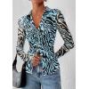 imagePRETTYGARDEN Women Button Down Floral Shirts 2025 Fall Trendy Long Sleeve V Neck Ruched Mesh Boho Blouse Tops Date OutfitsZebra Blue Black