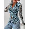 imagePRETTYGARDEN Women Button Down Floral Shirts 2025 Fall Trendy Long Sleeve V Neck Ruched Mesh Boho Blouse Tops Date OutfitsZebra Blue Black