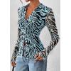 imagePRETTYGARDEN Women Button Down Floral Shirts 2025 Fall Trendy Long Sleeve V Neck Ruched Mesh Boho Blouse Tops Date OutfitsZebra Blue Black