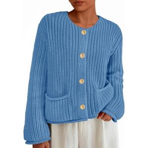 imagePRETTYGARDEN Cardigan Sweaters for Women 2025 Trendy Oversized Knit Chunky Button Cardigans Fall Winter Outfits with PocketsBlue