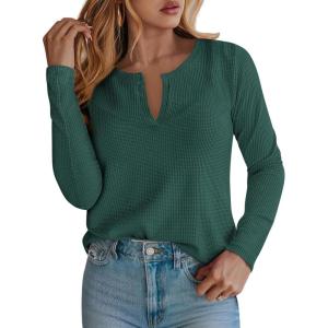 imagePRETTYGARDEN Long Sleeve Shirts for Women 2025 Fall V Neck Waffle Basic Tee Dressy Casual Winter Blouses Knit Tunic TopsGreen