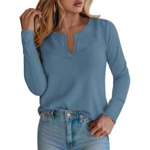 imagePRETTYGARDEN Long Sleeve Shirts for Women 2025 Fall V Neck Waffle Basic Tee Dressy Casual Winter Blouses Knit Tunic TopsGrey Blue
