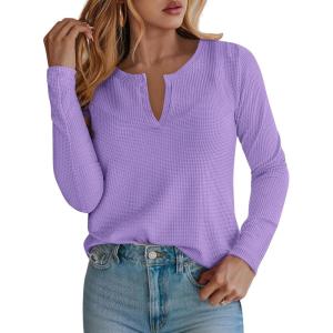imagePRETTYGARDEN Long Sleeve Shirts for Women 2025 Fall V Neck Waffle Basic Tee Dressy Casual Winter Blouses Knit Tunic TopsPurple