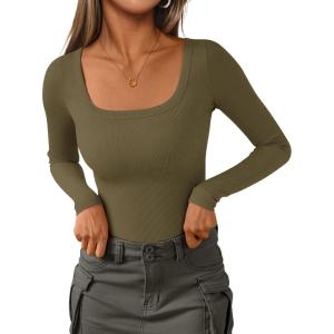 imagePRETTYGARDEN Long Sleeve Shirts for Women Fall Clothes 2025 Ribbed Basic Tees Scoop Neck Going Out Tops Fashion ClothingArmy Green