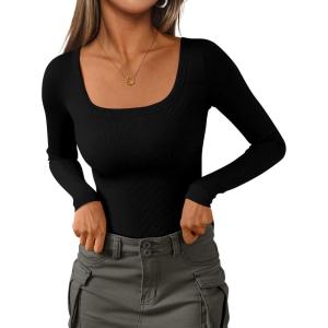 imagePRETTYGARDEN Long Sleeve Shirts for Women Fall Clothes 2025 Ribbed Basic Tees Scoop Neck Going Out Tops Fashion ClothingBlack