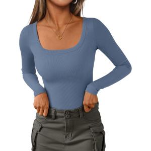 imagePRETTYGARDEN Long Sleeve Shirts for Women Fall Clothes 2025 Ribbed Basic Tees Scoop Neck Going Out Tops Fashion ClothingBlue Grey