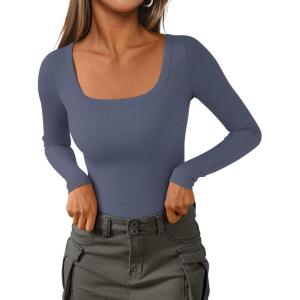 imagePRETTYGARDEN Long Sleeve Shirts for Women Fall Clothes 2025 Ribbed Basic Tees Scoop Neck Going Out Tops Fashion ClothingDark Dusty Blue