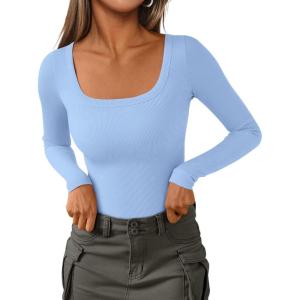 imagePRETTYGARDEN Long Sleeve Shirts for Women Fall Clothes 2025 Ribbed Basic Tees Scoop Neck Going Out Tops Fashion ClothingLight Blue