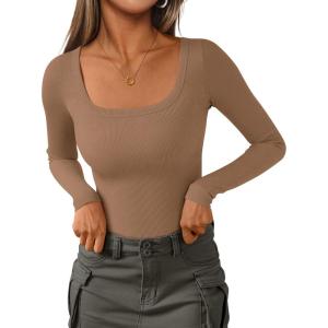 imagePRETTYGARDEN Long Sleeve Shirts for Women Fall Clothes 2025 Ribbed Basic Tees Scoop Neck Going Out Tops Fashion ClothingLight Khaki
