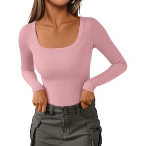 imagePRETTYGARDEN Long Sleeve Shirts for Women Fall Clothes 2025 Ribbed Basic Tees Scoop Neck Going Out Tops Fashion ClothingPink