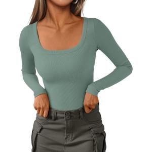 imagePRETTYGARDEN Long Sleeve Shirts for Women Fall Clothes 2025 Ribbed Basic Tees Scoop Neck Going Out Tops Fashion ClothingSage Green