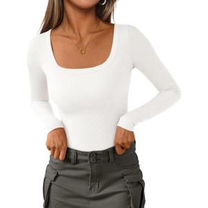imagePRETTYGARDEN Long Sleeve Shirts for Women Fall Clothes 2025 Ribbed Basic Tees Scoop Neck Going Out Tops Fashion ClothingWhite