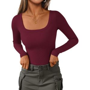 imagePRETTYGARDEN Long Sleeve Shirts for Women Fall Clothes 2025 Ribbed Basic Tees Scoop Neck Going Out Tops Fashion ClothingWine Red