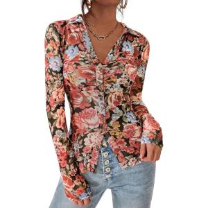 imagePRETTYGARDEN Women Button Down Floral Shirts 2025 Fall Trendy Long Sleeve V Neck Ruched Mesh Boho Blouse Tops Date OutfitsBlack Floral