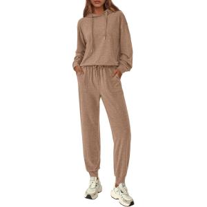 imagePRETTYGARDEN Womens 2 Piece Lounge Sets Fall Clothes Hoodies Sweatshirt Joggers Sweatpants Sweatsuits 2025 Airport OutfitsKhaki