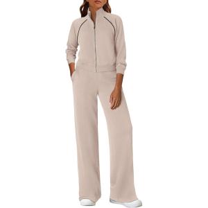 imagePRETTYGARDEN Womens 2 Piece Outfits Sweatsuits 2025 Fall Full Zip Sweatshirts Workout Pants Matching Lounge Sets TracksuitsApricot