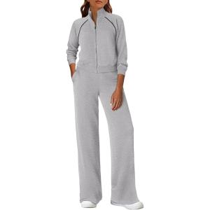 imagePRETTYGARDEN Womens 2 Piece Outfits Sweatsuits 2025 Fall Full Zip Sweatshirts Workout Pants Matching Lounge Sets TracksuitsGrey