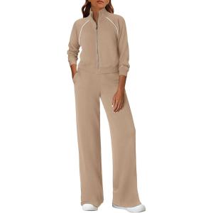 imagePRETTYGARDEN Womens 2 Piece Outfits Sweatsuits 2025 Fall Full Zip Sweatshirts Workout Pants Matching Lounge Sets TracksuitsKhaki