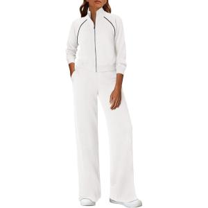 imagePRETTYGARDEN Womens 2 Piece Outfits Sweatsuits 2025 Fall Full Zip Sweatshirts Workout Pants Matching Lounge Sets TracksuitsWhite
