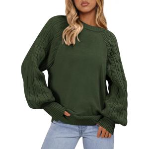 imagePRETTYGARDEN Womens Sweaters Fall Fashion 2025 Crew Neck Cable Knit Casual Loose Chunky Tunic Sweater Winter ClothingArmy Green