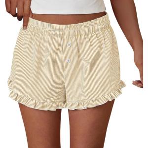 imagePRETTYGARDEN Womens Boxer Shorts Y2K Ruffle Pajama 2026 Summer Spring Lounge Sleep Striped Casual Beach Pj Bottoms PocketsStriped Khaki