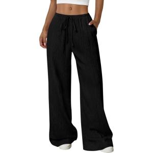 imagePRETTYGARDEN Womens Palazzo Pants Summer Fashion 2026 High Waisted Wide Leg Drawstring Flowy Beach Trousers with PocketsBlack