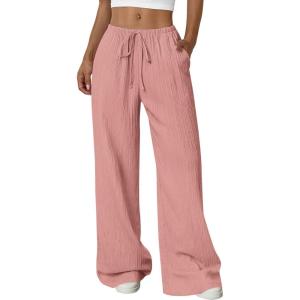 imagePRETTYGARDEN Womens Palazzo Pants Summer Fashion 2026 High Waisted Wide Leg Drawstring Flowy Beach Trousers with PocketsPink