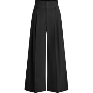 imagePRETTYGARDEN Womens Spring Wide Leg Palazzo Pants 2026 Trendy Loose Button High Waist Pleated Work Business Casual TrousersBlack
